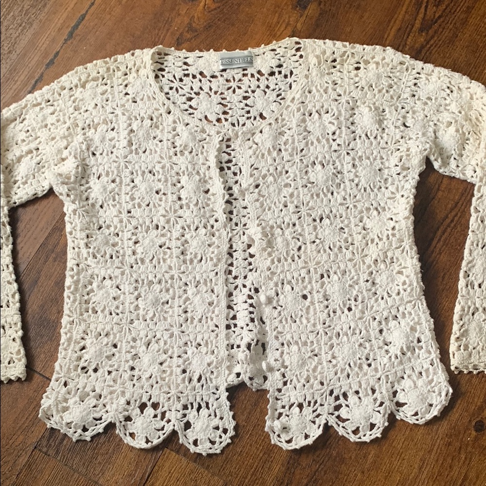 Vintage Cream/White Crochet Lace Cardigan with Scalloped Hem